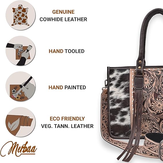 Merbaa Women Natural Cowhide Leather Hand Bag With Adjustable Detachable Strap Leather Massenger Handbag Purse Sling Bag